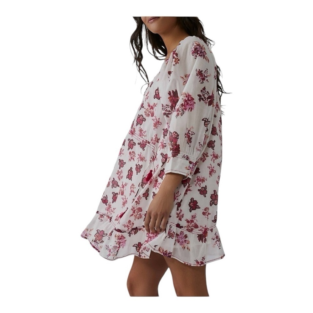 Free People Camella Mini Dress White Floral Tassel Tie Waist Bohemian - Size L
